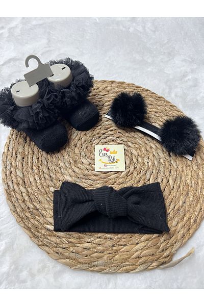 ESES BEBE Σετ κάλτσες kokoş με ραβδώσεις μπαντάνα και πομπόν μπαντάνα