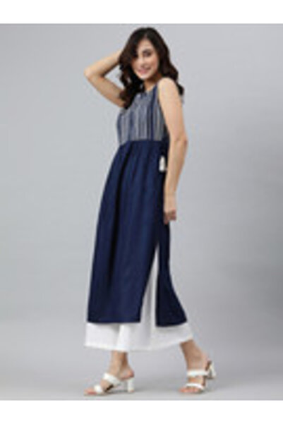 IndHeritage Premium cotton office / casual kurti - Dark blue kurti / kurta for women with prints on chest area