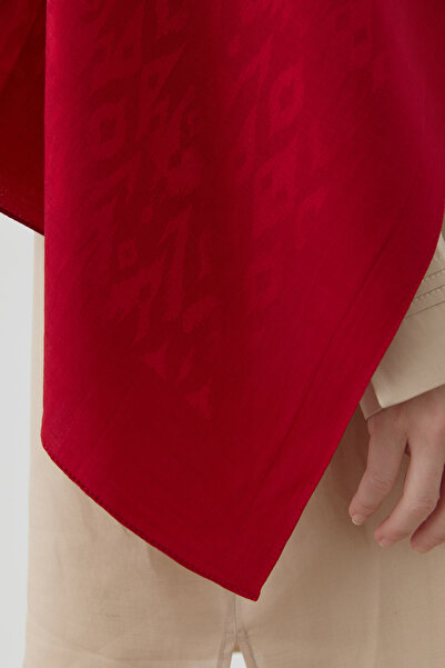 Tuğba Etnik İkat Desenli Nida Naturel Şal - Kırmızı