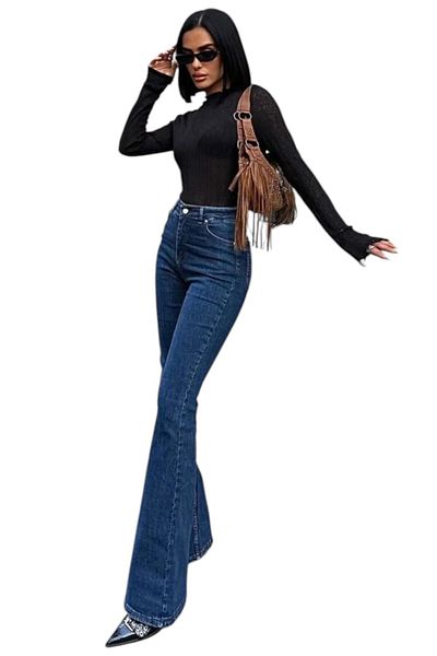 byhaziran butik Drank Dark Blue Non-Fading Lycra High Waist Denim Spanish Leg Jeans
