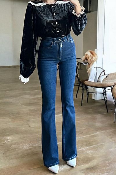 byhaziran butik Luna Spanish Leg Colorfast Dark Blue Stretchy High Waist Denim Pants