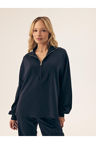 ESOTIQ Hanorac de damă cu fermoar pe jumătate, guler înalt, croială lejeră, c...