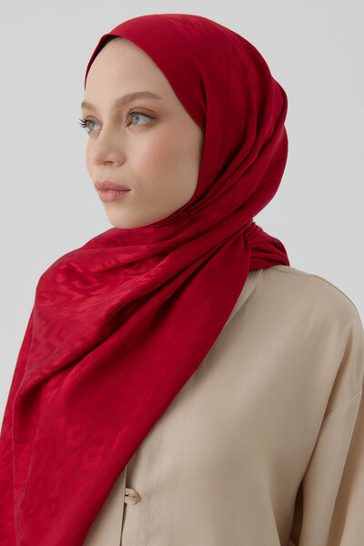 Tuğba Etnik İkat Desenli Nida Naturel Şal - Kırmızı