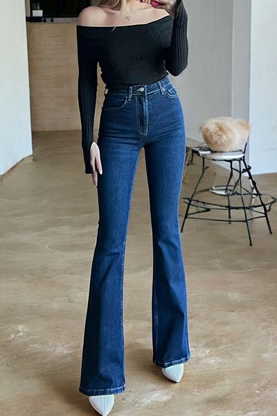 byhaziran butik Luna Spanish Leg Colorfast Dark Blue Stretchy High Waist Denim Pants