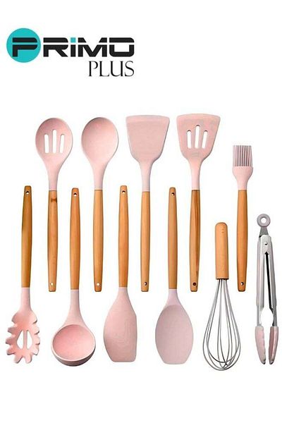 Primo Plus Set of Wooden Handle Cooking Spoons and Utensils (11 Pieces, Green/Pink)