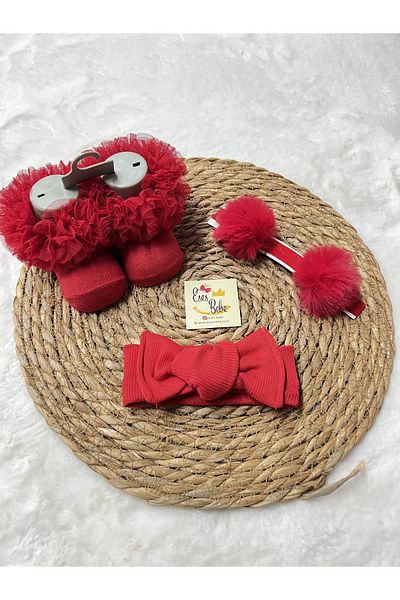 ESES BEBE Kokoş Socks Ribbed Bandana and Pom-Pom Bandana Set