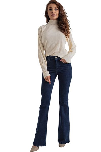 byhaziran butik Saly Women's Dark Blue Lycra High Waist Spanish Leg Jeans