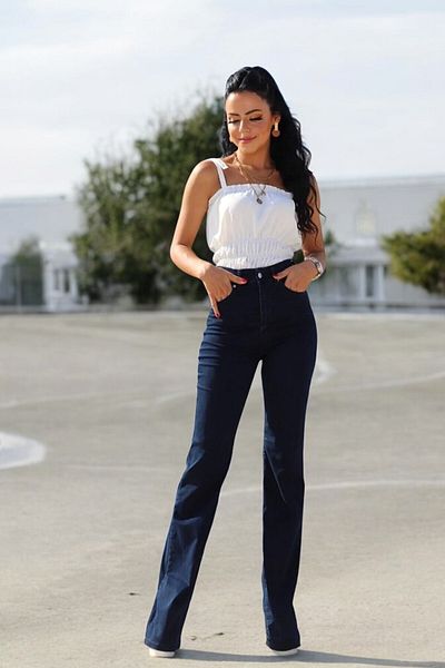 byhaziran butik Beyn Women's High Waist Dark Blue Denim Flare Jeans