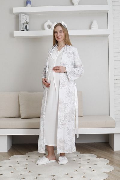 Lohussa Women's Ecru Special Design Patterned Buttoned Maternity Maternity Dressing Gown Nightgown Set
