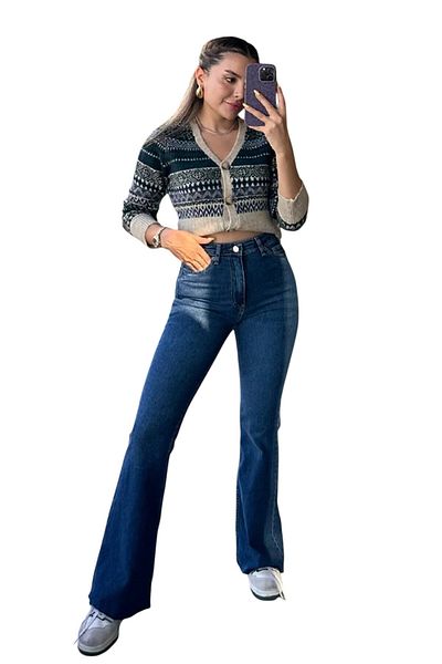 byhaziran butik Starp Women's Dark Blue Lycra High Waist Spanish Leg Jeans