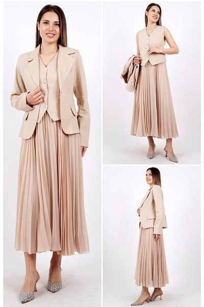 My twins Ewas Design Midi Length Skirt Pleated Dress Jacket Women's Linen Two-Piece Suit