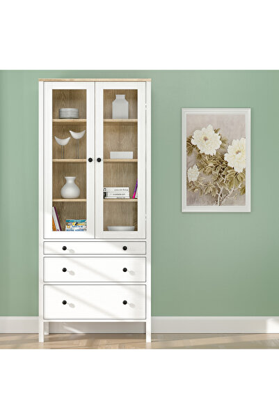 SSB Furniture Helen Camlı Kitaplık - Beyaz / Safir Meşe - 194x35x83 cm