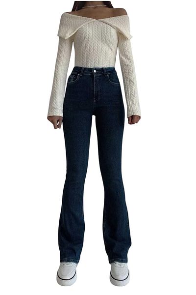 byhaziran butik Yusra Spanish Leg Colorfast Dark Blue Stretchy High Waist Denim Pants