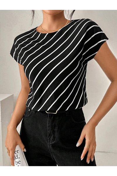 Gökyüzü Moda Women's Short Bat Sleeve Crew Neck Line Pattern Atlas Blouse