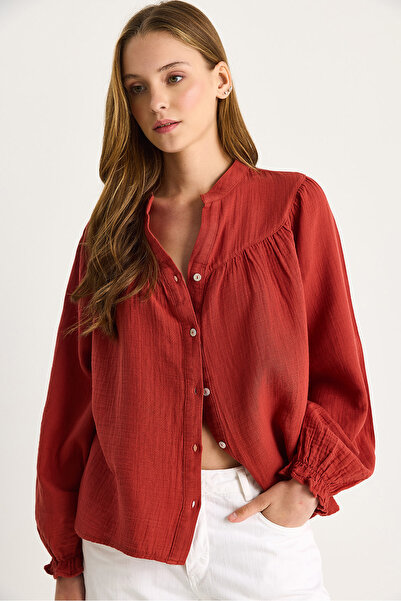 Bianco Lucci Women's Comfortable Muslin Shirt with Elastic Sleeves and Buttons 4733 60283499