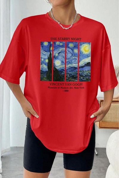 NO 601 Women's Red Van Gogh Printed Oversize Loose T-Shirt
