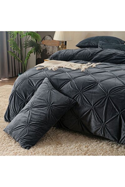 trendyhome Double Bed Linen, Elastic, Soft Velvet, Embroidered Print, Black, J18021