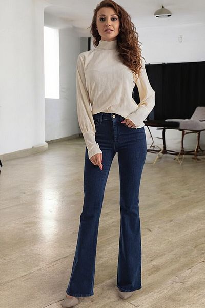 byhaziran butik Diessa Women's High Waist Dark Blue Denim Flare Jeans