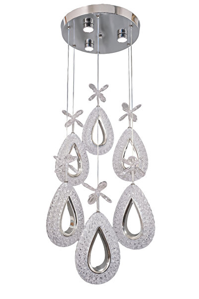 Turanconcept Arel 6lı Modern Led Avize Krom Renk Kristal Görünüm Beyaz Işık Enerji Tasarruflu Salon Yemek Odası