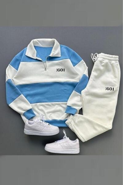 NO 601 Unisex Baby Blue Segmented Stand Collar 601 εμπριμέ λευκό σετ αθλητικών φορμάκια