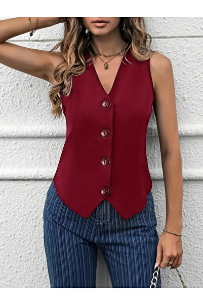 buğrahayalin Women's Zero Sleeve V Neck Front Button Atlas Vest