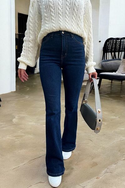 byhaziran butik Zana Women's Dark Blue High Waist Stretchy Denim Fabric Flare Jeans