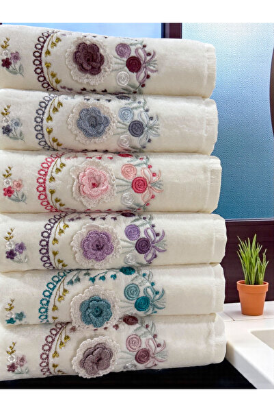 AYHANHOME 3d El Işleme Çiçek Nakışlı 6 Adet 50x90 El Yüz Havlu Seti