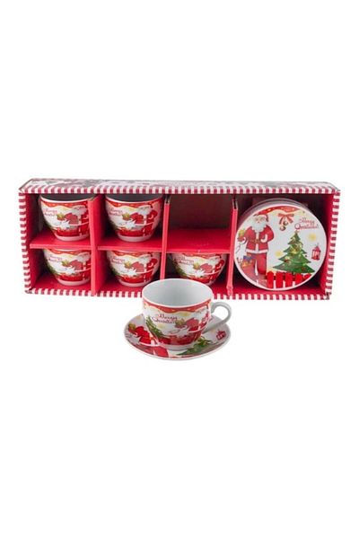 OEM Set ceramic de șase cești cu farfurii cu tematică de Crăciun, 42x15 cm M5