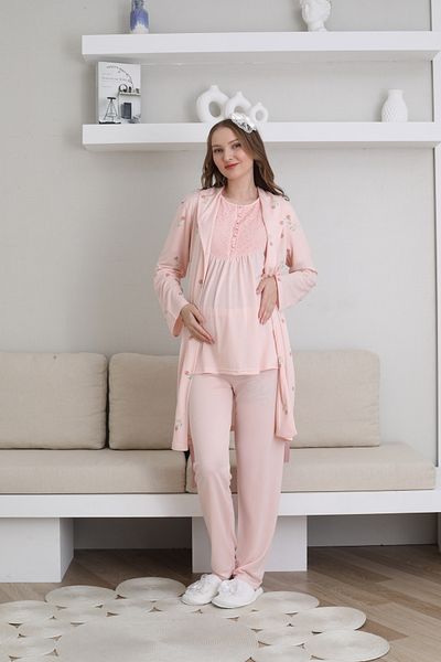 Lohussa Women's Salmon Special Design Patterned Buttoned Lace Maternity Maternity Dressing Gown Pajama Set Set of 3