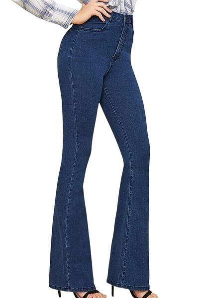 byhaziran butik Osytra Women's High Waist Dark Blue Flare Jeans