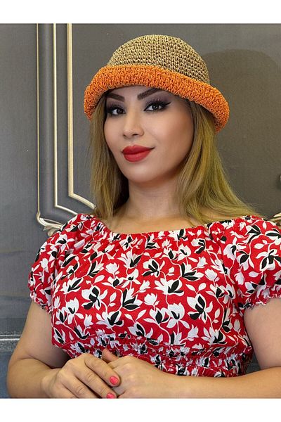 Yeşilmoda Straw Hat,Hand Knitted Women's Summer Casual Hat Orange Color Organic Straw