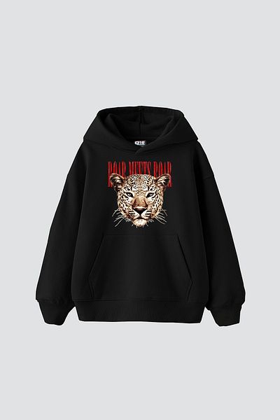 Bak Moda Roar Meets Printed Oversize Women's Black Hoodie