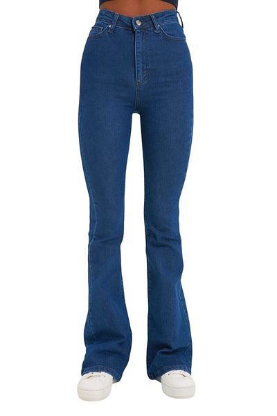 byhaziran butik Dena Dark Blue Spanish Leg High Waist Lycra Women's Jeans