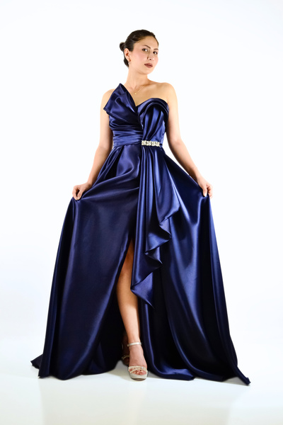 DİNÇLER Strapless Stone Detailed Evening Dress Navy Blue