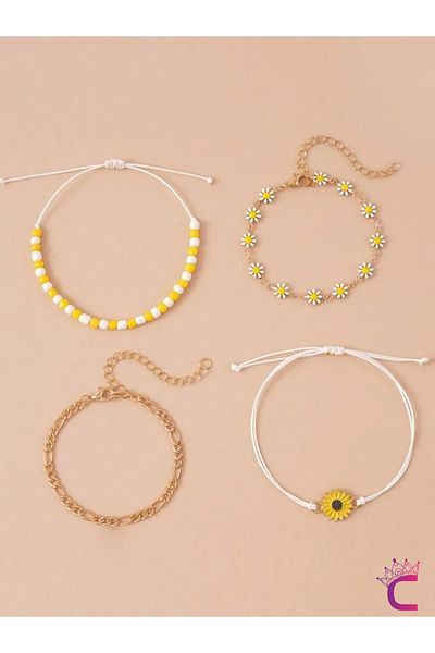 Cinderella 4-Piece Summer Combination Sunflower Daisy Beaded Chain Rope Anklet Bracelet - Sea Beach Jewelry Ankle