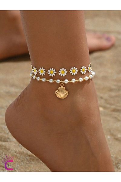 Cinderella Daisy Flower Seashell Pearl 2-Piece Combination Gold Chain Bead Anklet - Ankle Jewelry
