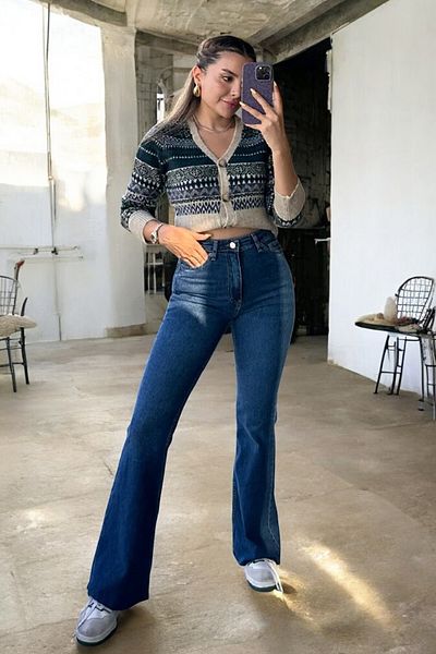 byhaziran butik Askliayra Women's High Waist Dark Blue Denim Flare Jeans