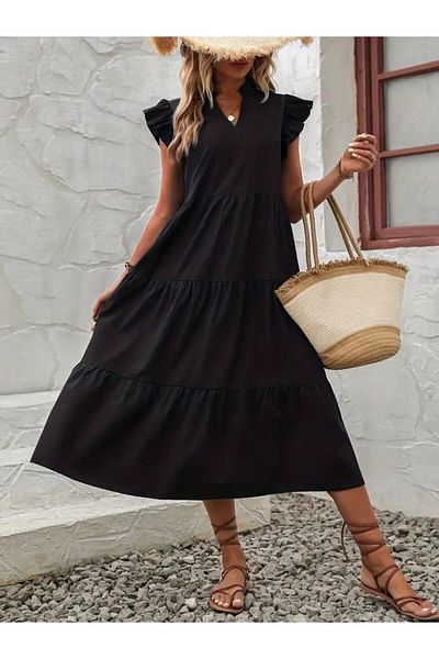 MODAVERA Women's Short Sleeve V-Neck Wide Cut Long Tricotone Dress