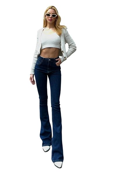 byhaziran butik Floa Women's Dark Blue High Waist Stretchy Denim Fabric Flare Jeans