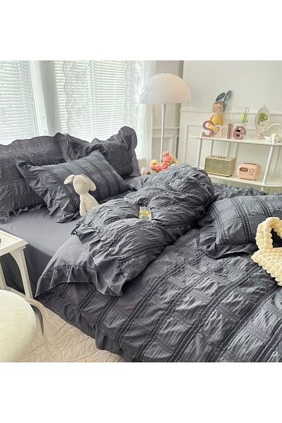 trendyhome Bed Linen, Crepe Cotton, Ruffles, Finet Soft, 6 Pieces, Gray, J10394