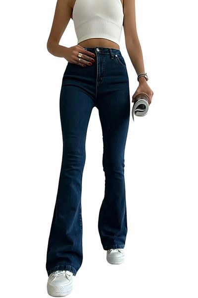 byhaziran butik Tecsnia Spanish Leg Colorfast Dark Blue Stretchy High Waist Denim Pants