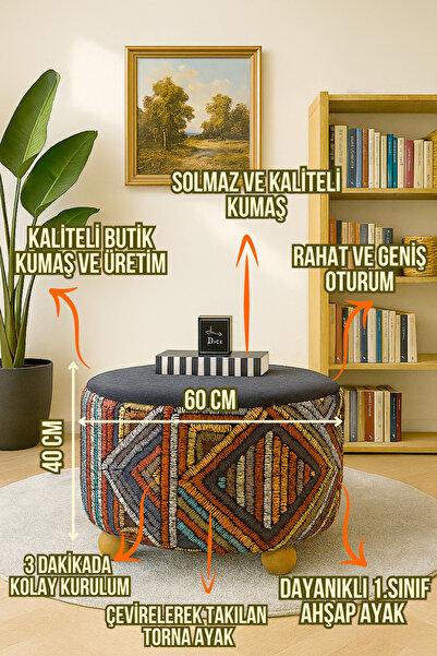 DEKOR MOBİLYACIM Linonova Xlarge Oturma Alanı Pofidik Puf Bench Orta Sehpa Ahşap Ayak