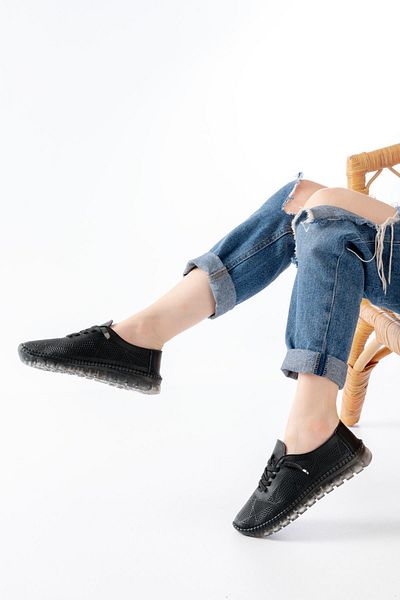 İNFON S-365 Pantofi sport de damă din piele naturală cu model negru cu talpă transparentă