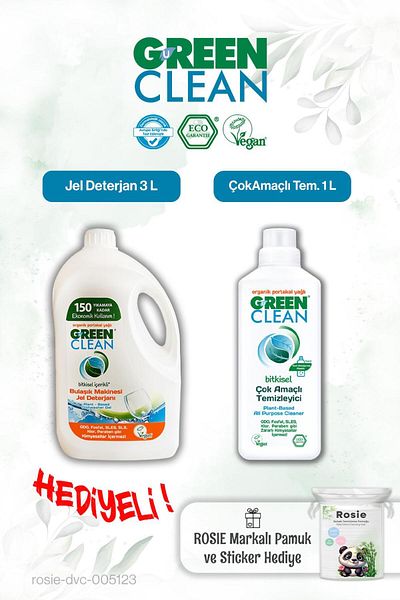 Green Clean Multipurpose Tem. 1 L and Dishwasher. Gel Detergent 3 L and Rosie Gift