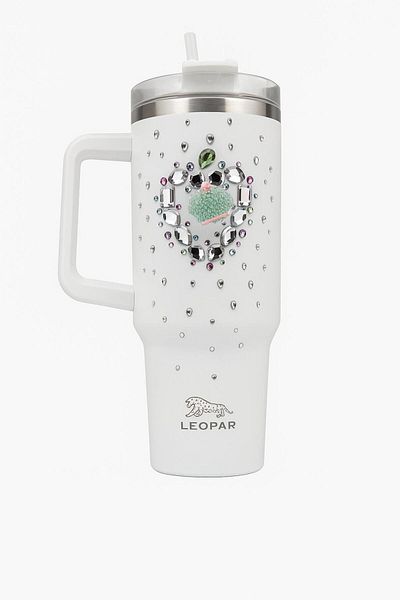 Elista 1.2 Liter Steel Thermos with Straw and Handle, White with Stone Embroidery on Color