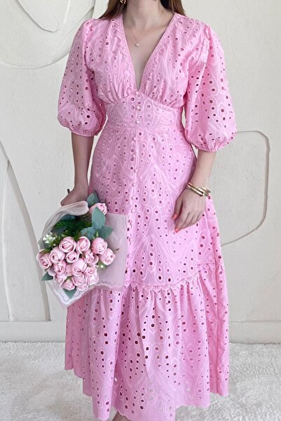 Elbee Fashion Woman Balloon Sleeve Detailed Low-Cut Brode Dress