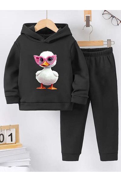 CALP TEKS Glasses Duck Printed Thick Cotton Hooded Winter Tracksuit Set
