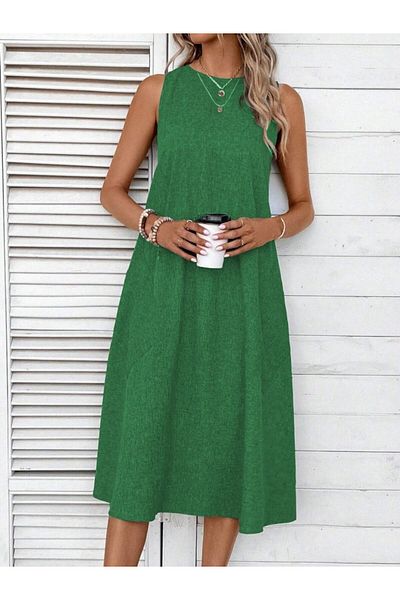 Masspera Crew Neck Pocket Midi Linen Dress