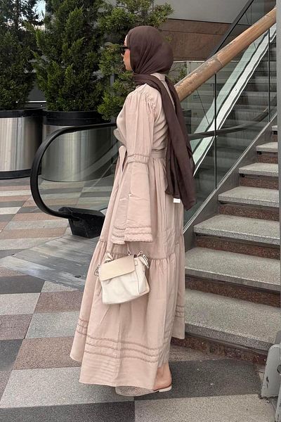 lamelif Fold Detailed Hijab Dress Milky Brown