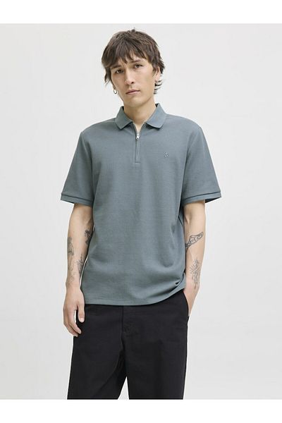 Jack & Jones Men's Green2 Jjeaustin Zip Polo Ss Noos Polo T-Shirt 12279177-Stormywea